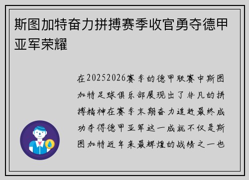 斯图加特奋力拼搏赛季收官勇夺德甲亚军荣耀